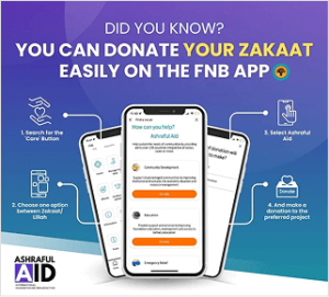 Donate Zakaat on FNB app through AshrafulAid